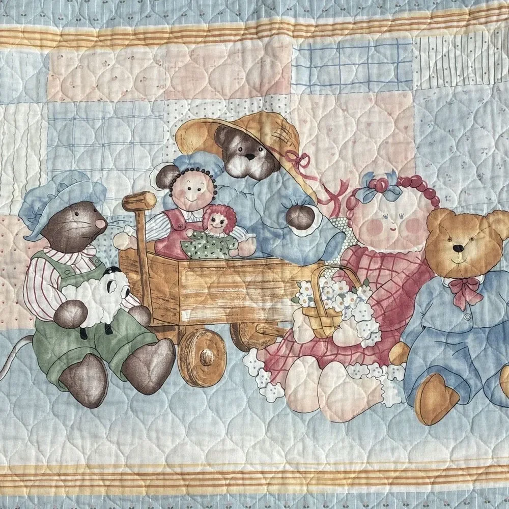 Quilted Crib Quilt Blanket Blue Pink Patchwork Teddy Bears Rag Doll Theme